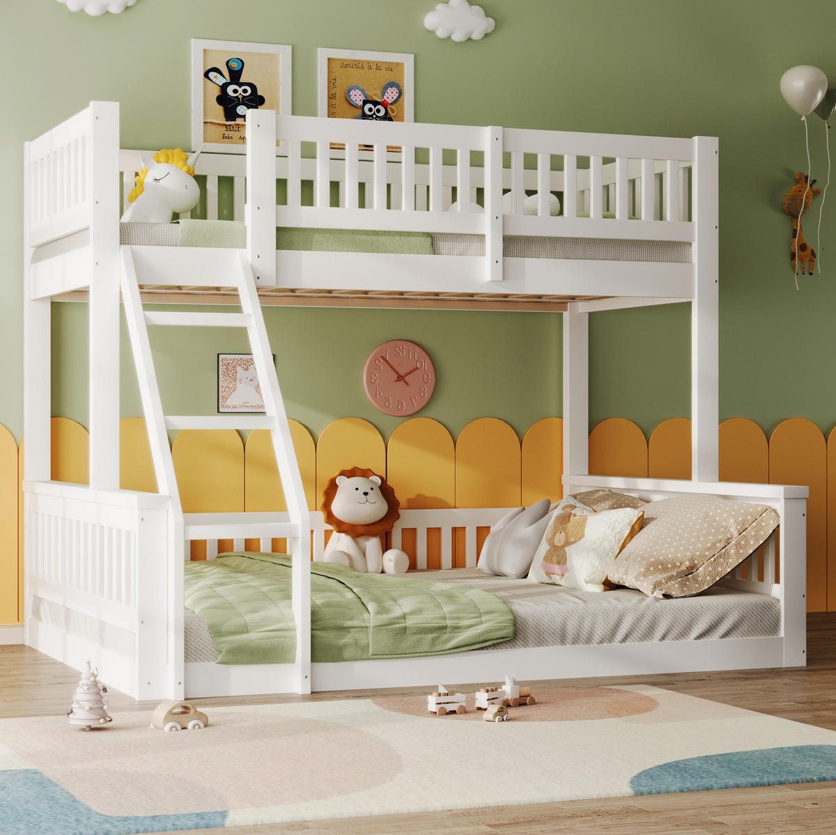 ETAGENBETT aus Kiefer 90x200/140x200 cm Weiß mit Leiter, Bettgitter und platzsparendem Design - Weiß, Holzwerkstoff (90/200cm) - Modfu
