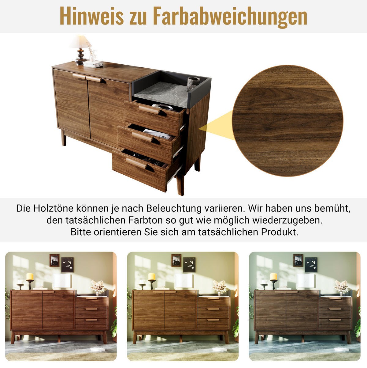 SIDEBOARD in dunkler Eiche mit Marmor-Optik Platte, 3 Schubladen und Doppeltürschrank, kehrroboterfähig, 120/40/77 cm, dunkler Eiche - Eichefarben, Holzwerkstoff (120/77/40cm) - Redom