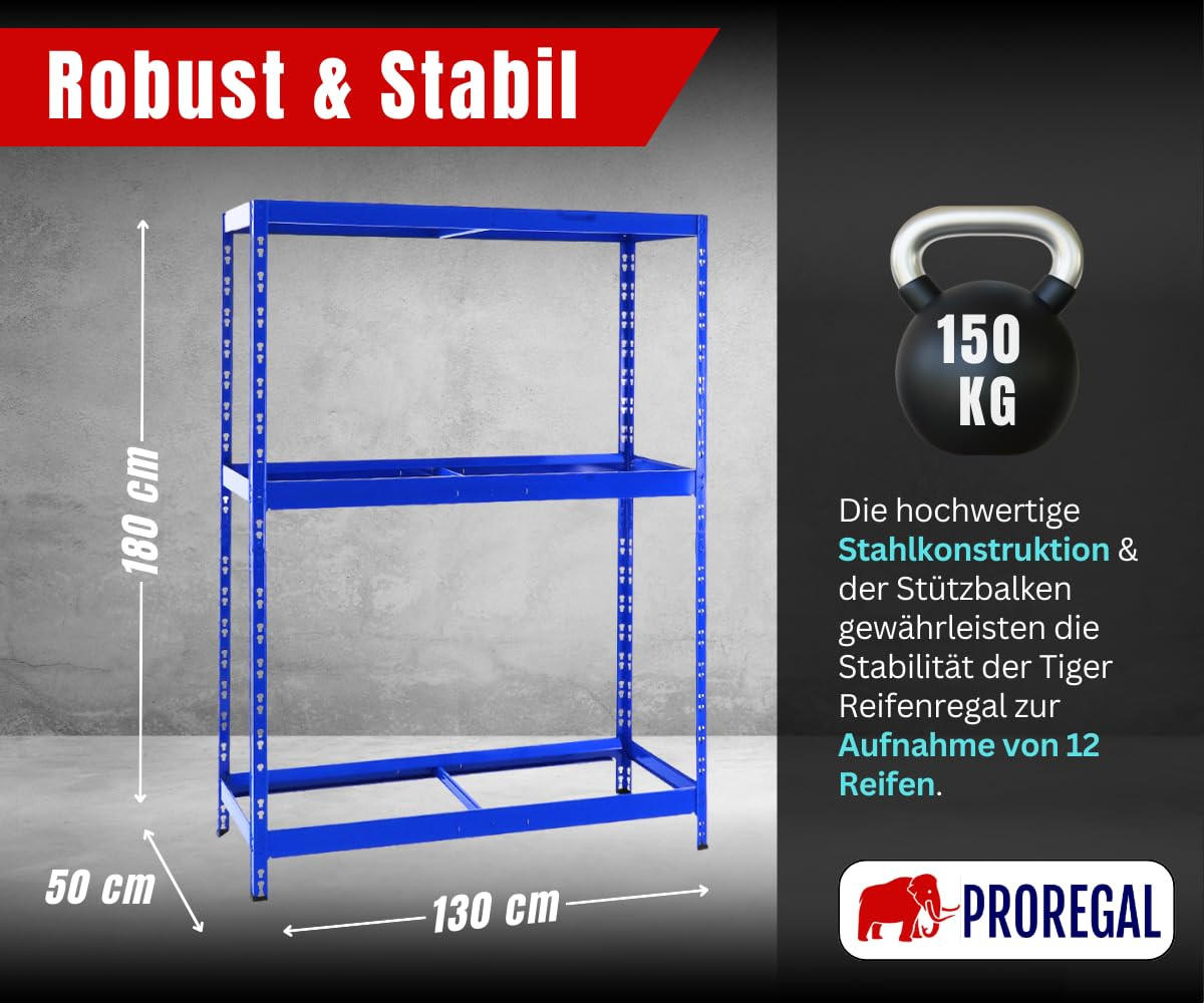 REIFENREGAL Tiger 180x130x50 cm bis zu 12 Reifen auf 2 Ebenen + Ablage Blau - Blau, Metall (130/180/50cm) - PROREGAL