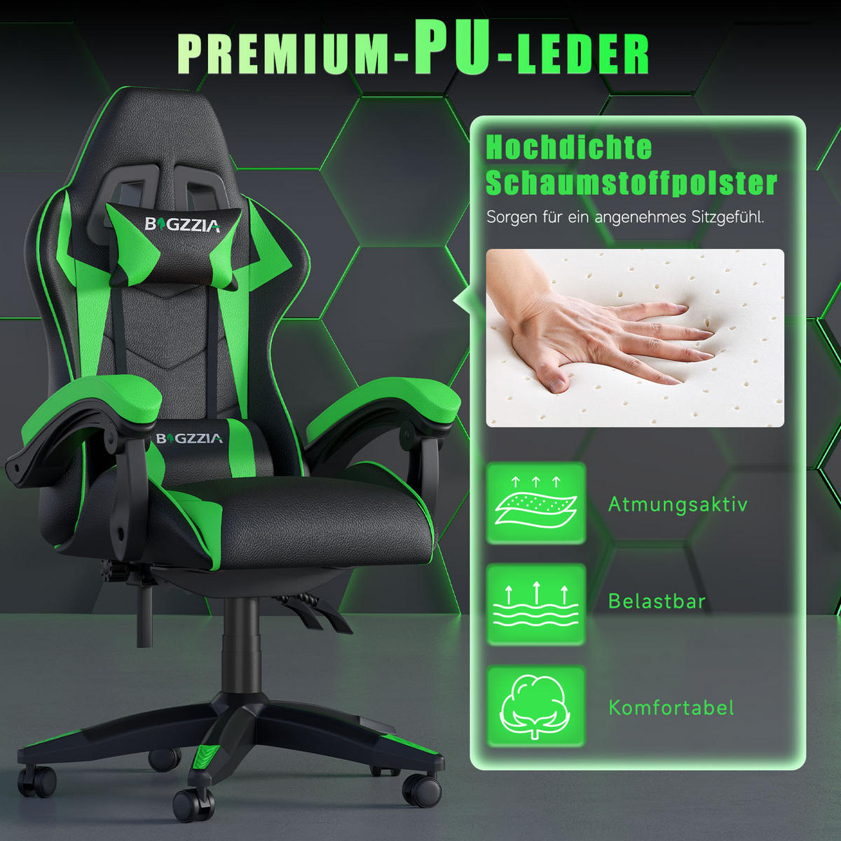 GAMINGSTUHL Schwarz-Grün ergonomisch - Grün, Leder (29/59/79cm) - Rattrix
