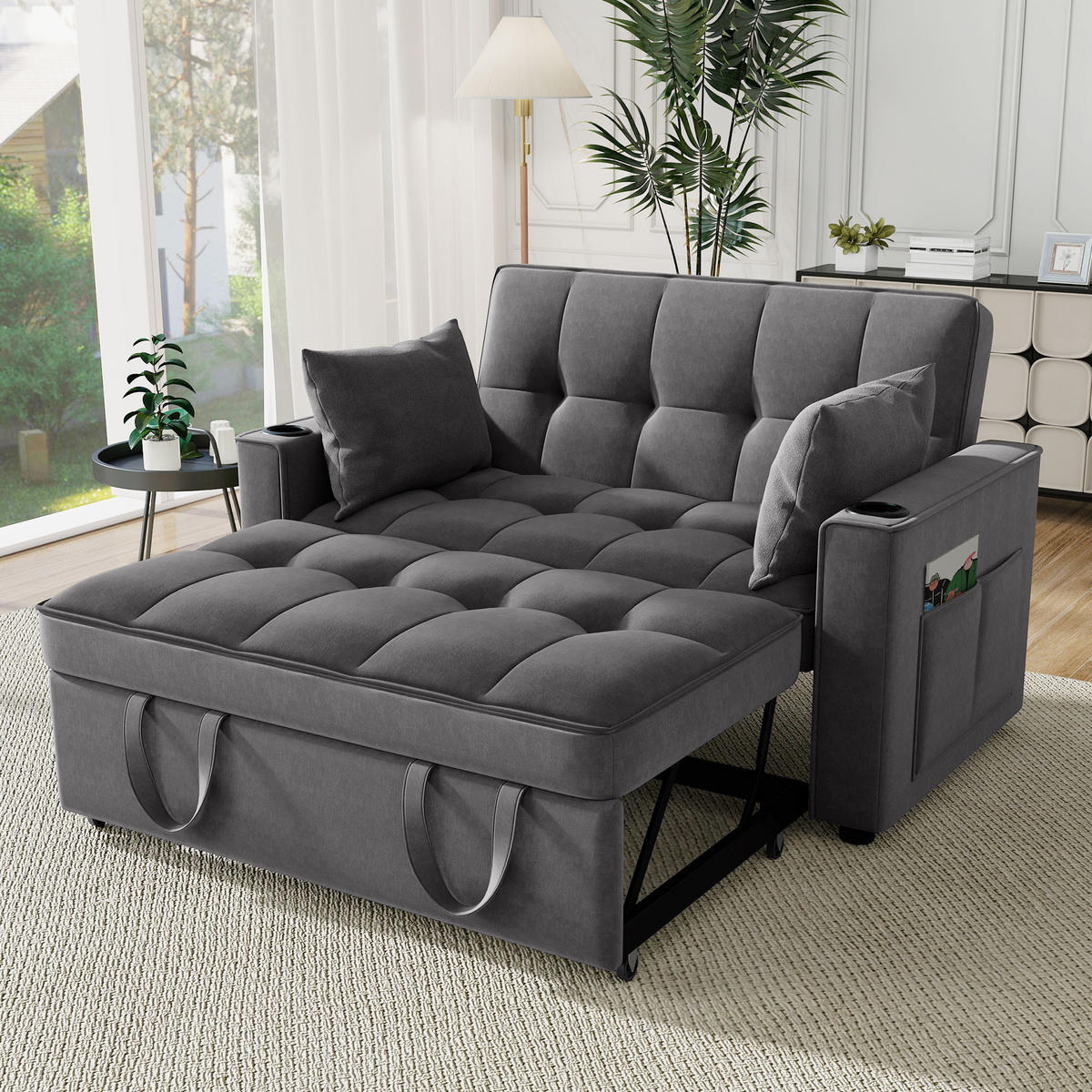 SCHLAFSOFA Samt mit Schlaffunktion und Getränkehaltern Grau 137/76,5/83 cm - Grau, Textil (83/137/76.5cm) - Redom