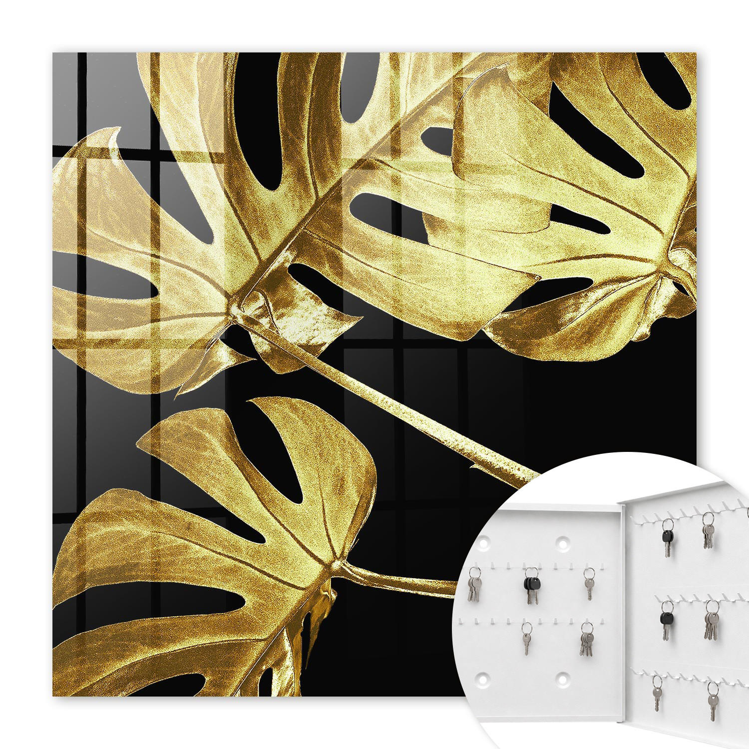 SCHLÜSSELBOX Weiß 30x30 cm – Türöffnung nach rechts - Monstera-Blätter - Gelb, Metall (30/30/5cm) - TULUP