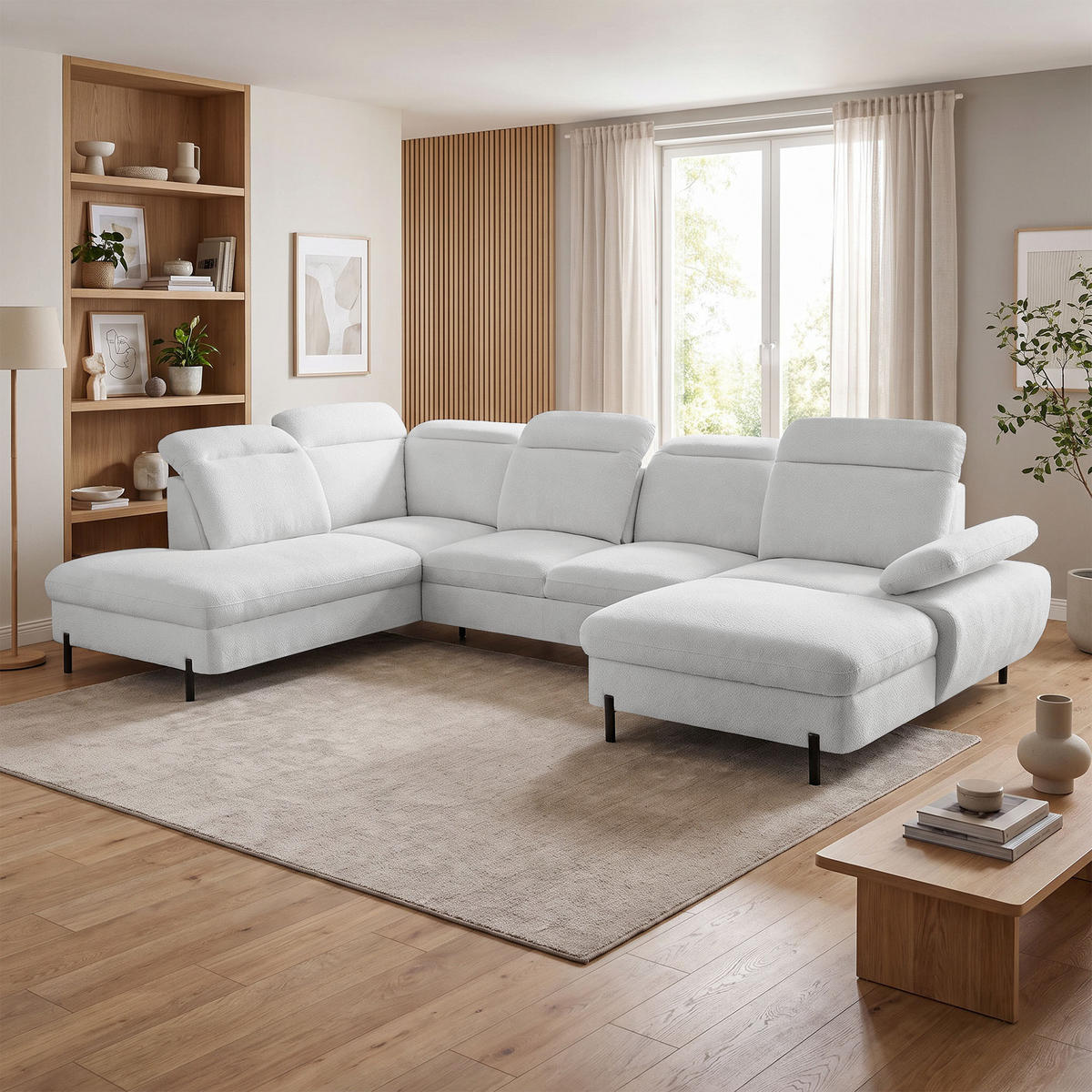 SEDACÍ SOUPRAVA Sora U s funkcí spaní, nastavitelnou hloubkou sedu, opěrkami hlavy a područkou, 365 cm, světle šedá, pravá - černá/světle šedá, textil (365/107/235cm) - Beautysofa
