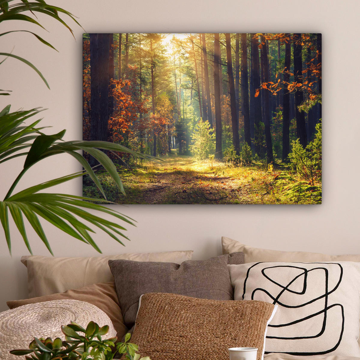 LEINWANDBILD Wald - Herbst - Bäume Wandbilder 80x60 cm - Dunkelgrün, Textil (80/60cm) - MuchoWow