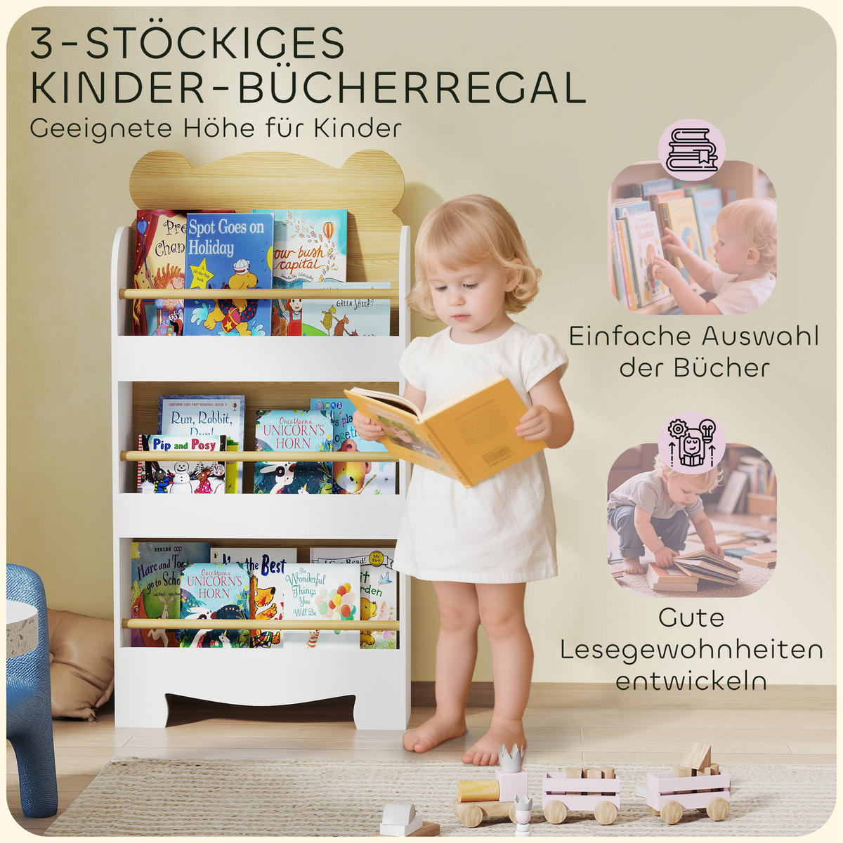 BÜCHERREGAL für Kinder Kinderregal mit 3 Ablagen Aufbewahrungsregal aus Holz - Braun, Holzwerkstoff (15/110/55cm) - AIYAPLAY