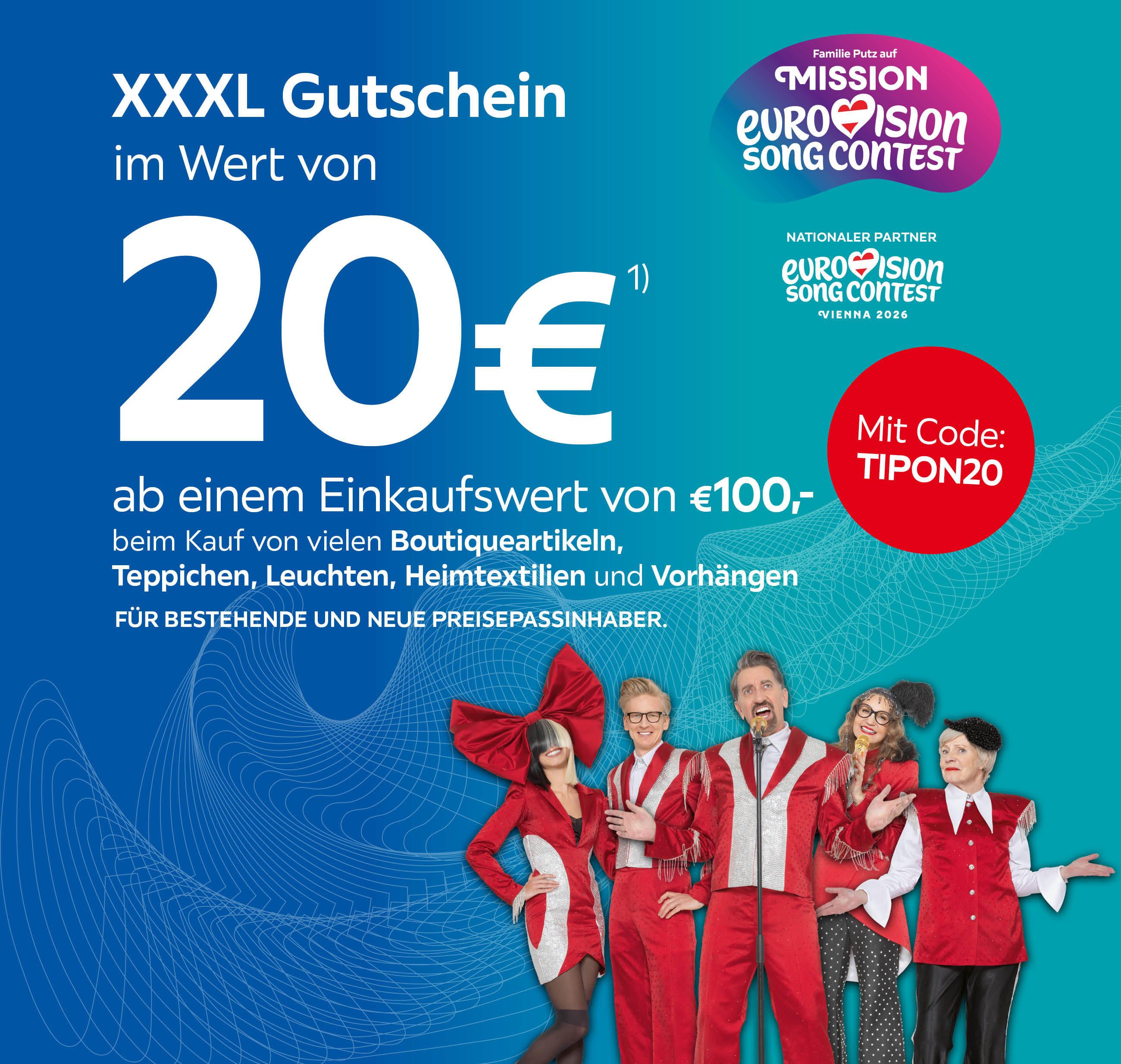 XXXL Gutschein im Wert von 20€ ab einem Einkaufswert von €100,- beim Kauf von vielen Boutiqueartikeln, Teppichen, Leuchten, Heimtextilien und Vorhängen; Mit Code: TIPON20; Für bestehende und neue Preisepassinhaber