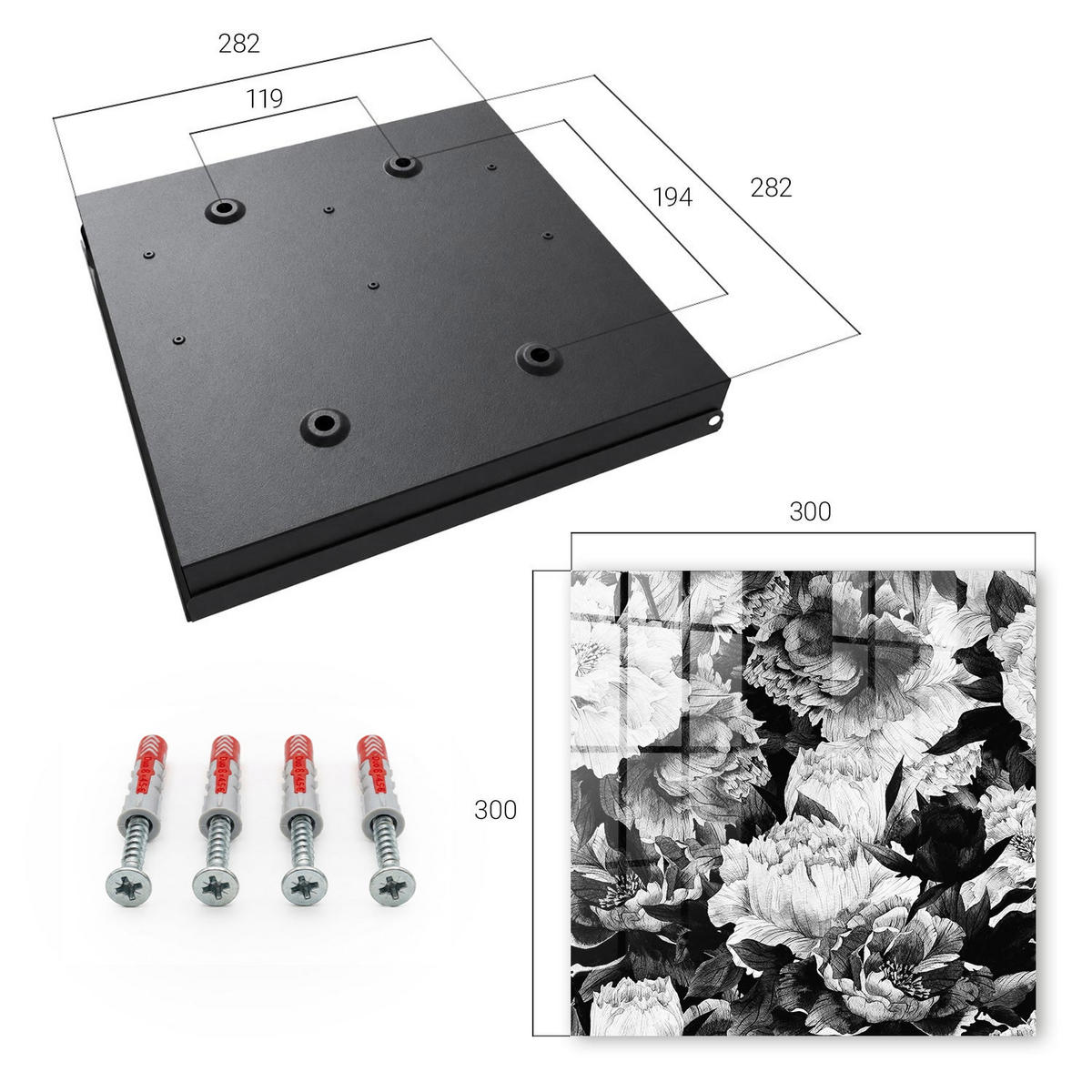SCHLÜSSELBOX Schwarz 30x30 cm- Türöffnung nach rechts - Schwarz-weiße Blüten - Grau, Metall (30/30/5cm) - TULUP