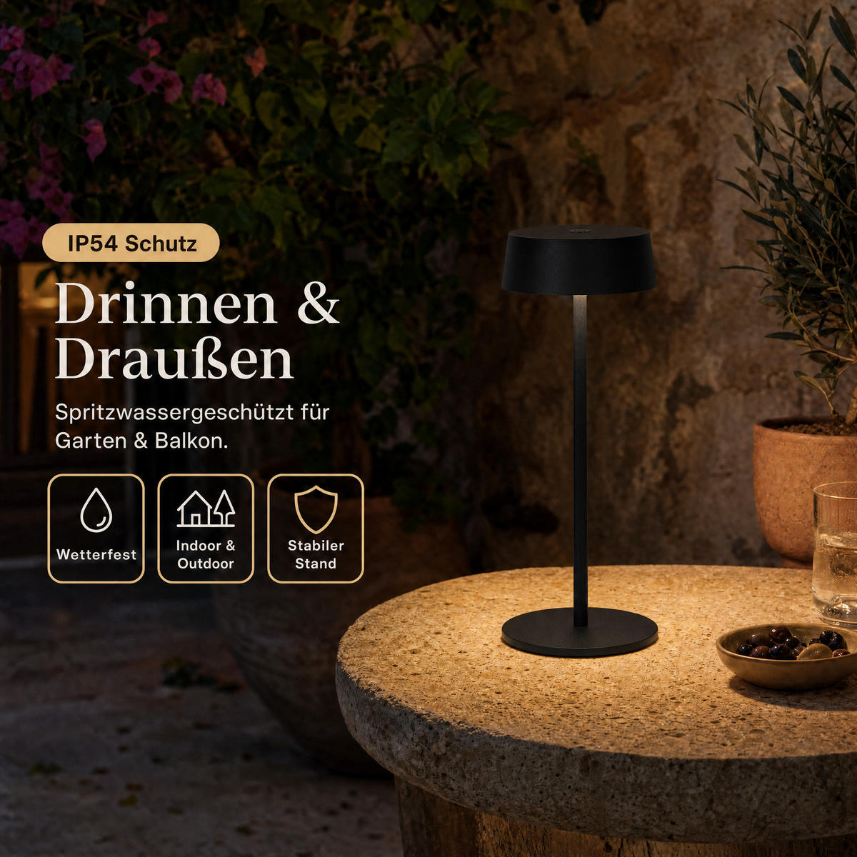 LED-TISCHLEUCHTE - dimmbar, kabellos, IP54, Metallgehäuse, für Innen- und Außenbereich, schwarz, höhenverstellbar - Schwarz, Metall (13.5/13.5/36cm) - Northpoint