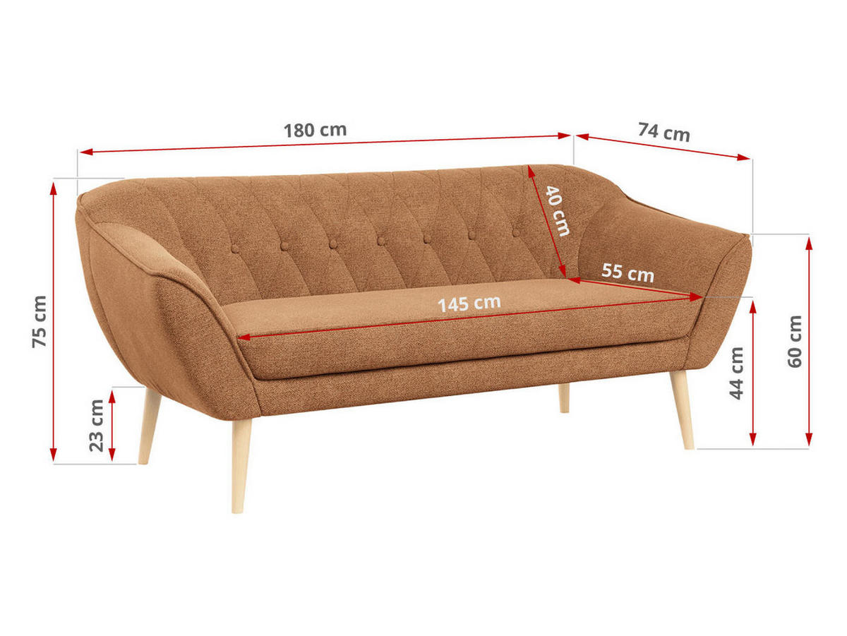 SOFA Pirs 3 Sitzer Strukture Orange - Orange/Braun, Holz/Textil (180/75/74cm) - MKS