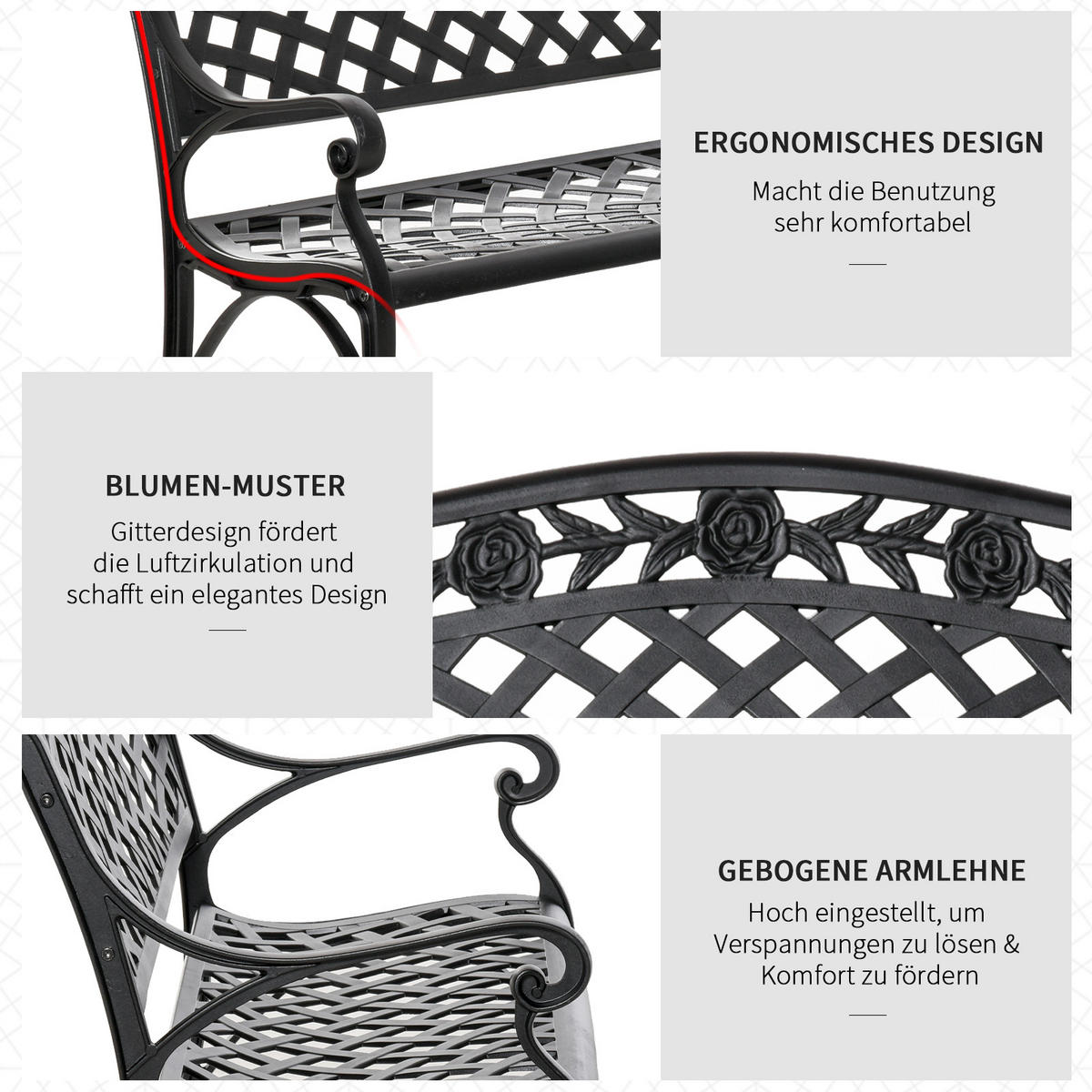 METALLBANK, 102,5 x 61 x 84 cm, Aluminum, Schwarz - Schwarz, Metall (102.5/84/61cm) - Outsunny