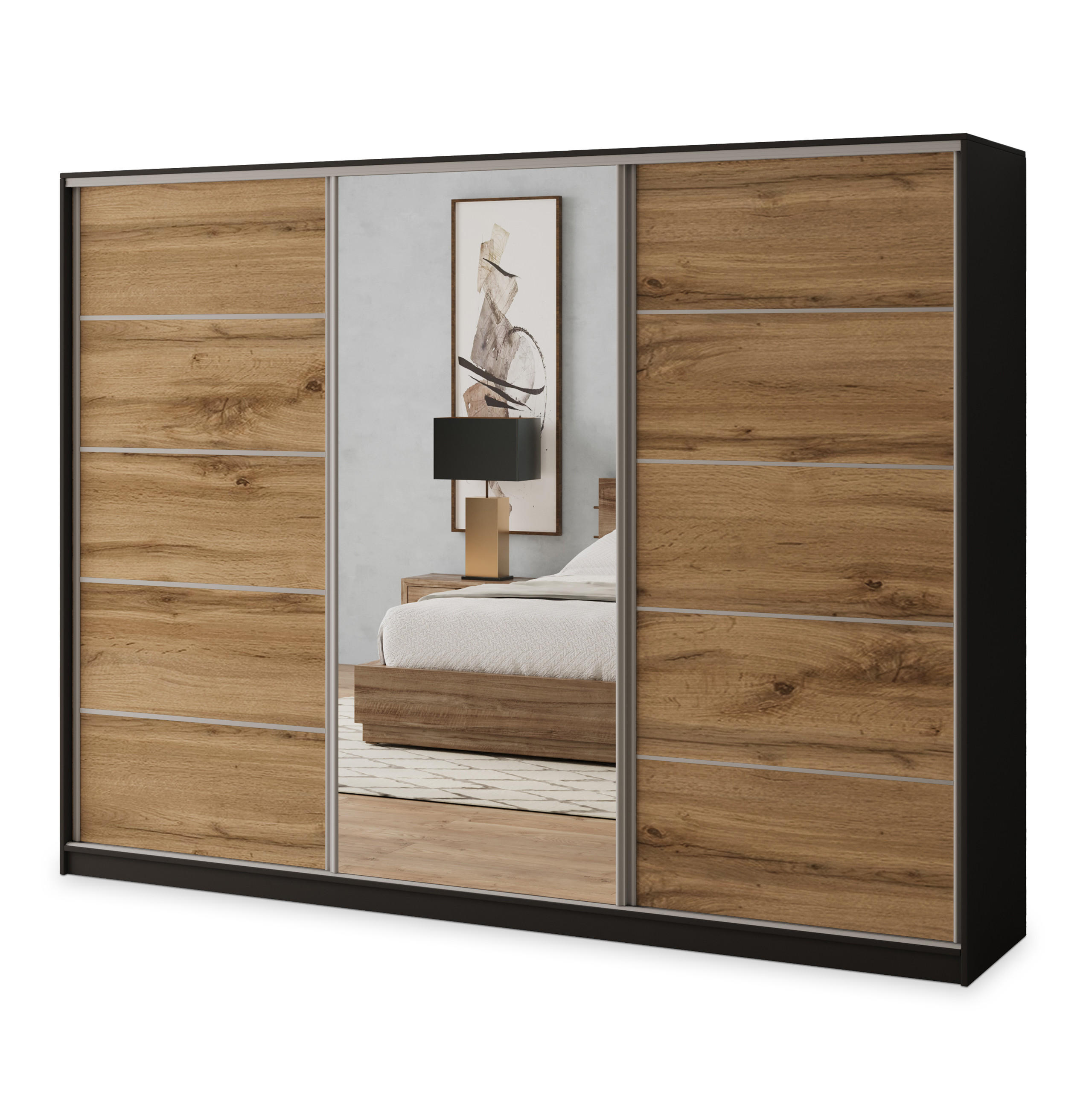 SCHWEBETÜRENSCHRANK NATA 270/205/58 cm 3-türig mit Spiegel und 4 Schubladen Schwarz - Eiche Wotan/Schwarz, Holzwerkstoff (270/205/58cm) - MASSENO