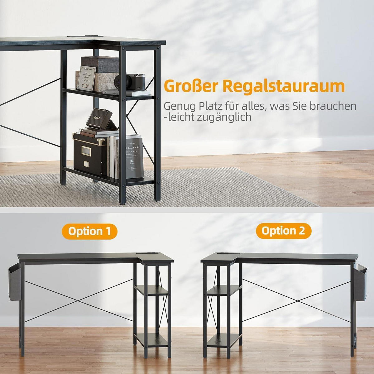 SCHREIBTISCH L-Form mit Steckdosen 100 x 70 cm Schwarz - Schwarz, Holzwerkstoff (100/70/75cm)