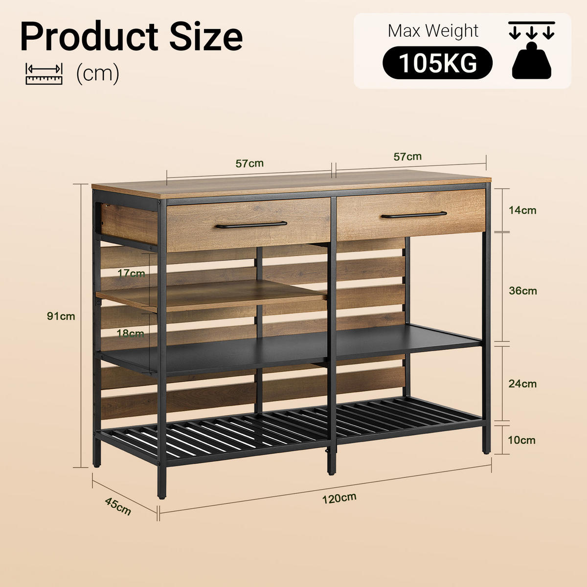 KÜCHENSCHRANK mit 120 cm Arbeitsplatte, 2 Schubladen, 4 offenen Fächern, Vintage Braun, für Küche, Esszimmer und Flur - Braun, Holz/Holzwerkstoff (120/91/45cm) - SoBuy