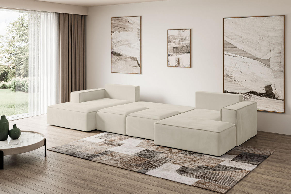 WOHNLANDSCHAFT mit Schlaffunktion und Bettkasten SIERRA-U-S - 349x161x87 cm Beige Velours - Beige/Schwarz, Holzwerkstoff/Kunststoff (349/87/161cm) - ALTDECOR