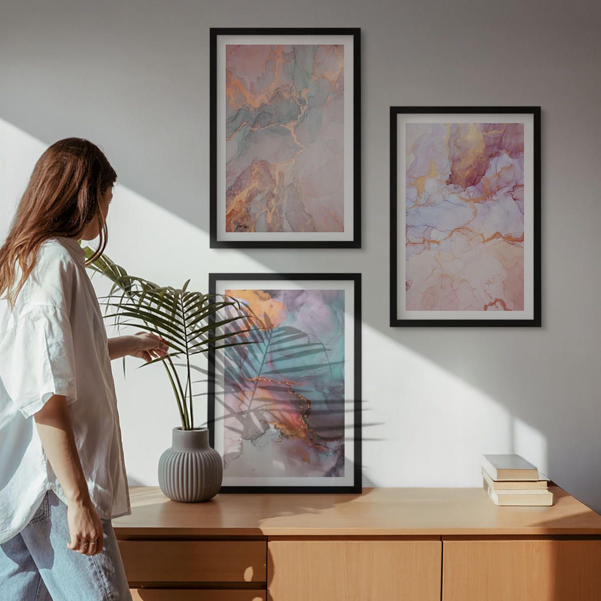 WANDBILDER 3er-Set - 40x60 cm Schwarzer Rahmen - Abstrakte Pastellmuster - Schwarz, Kunststoff (40/60cm) - ArtPrintCave
