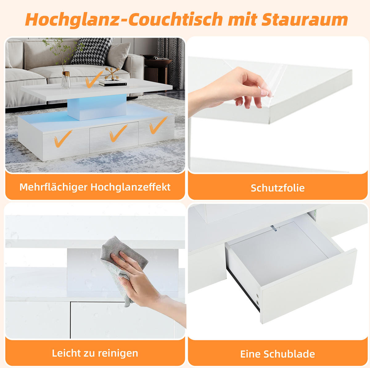 COUCHTISCH 100/50/39 cm Weiß aus Spanplatte mit LED-Lichtleiste - Weiß, Holzwerkstoff (100/50/39cm) - OKMYHOME