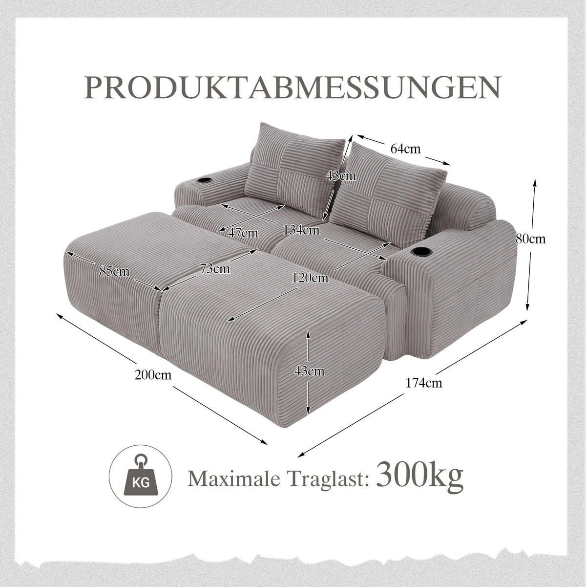 MODULARES 2-Sitzer Sofa Cord mit Getränkehalter und Seitentasche 200/174/80 cm Hellgrau - Hellgrau, Textil (174/80/200cm) - Redom