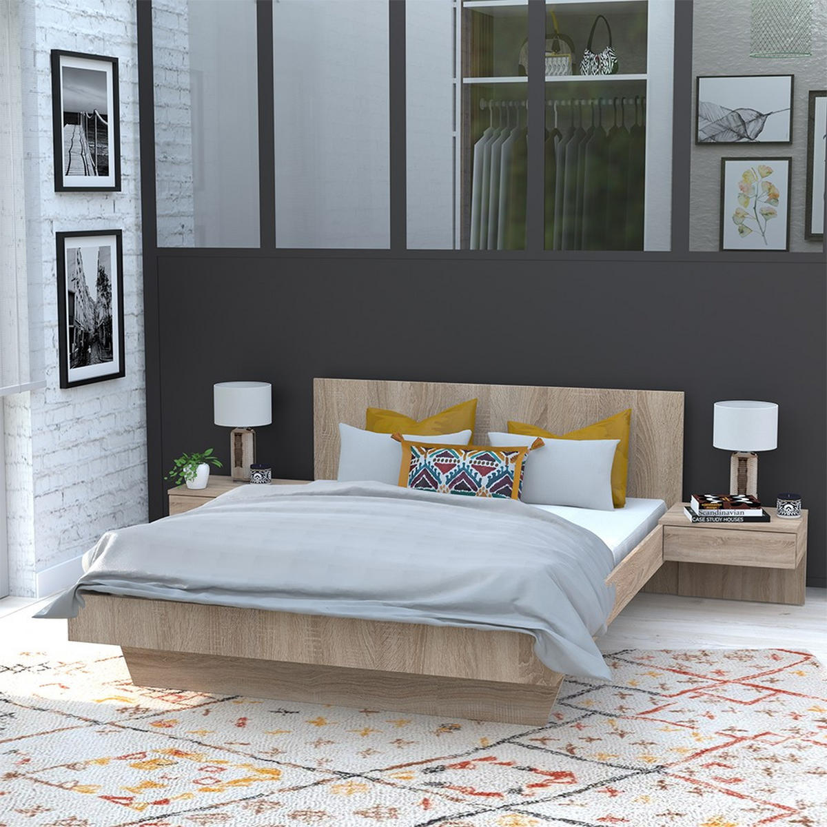 BETT COOL / Bett 140x190 cm + 2 Konsolen + Bettkasten - Gebleichte Eiche Dekor - Sonoma Eiche, Holz/Holzwerkstoff (192.2/234cm) - Weber Industries