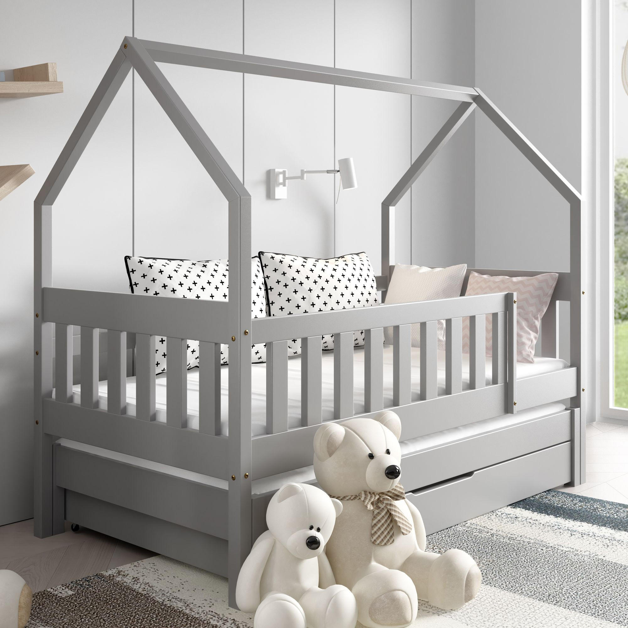 KINDERBETT Holzbett LUMBE, Hausform - Grau, Holz (80/160cm) - KONSIMO®