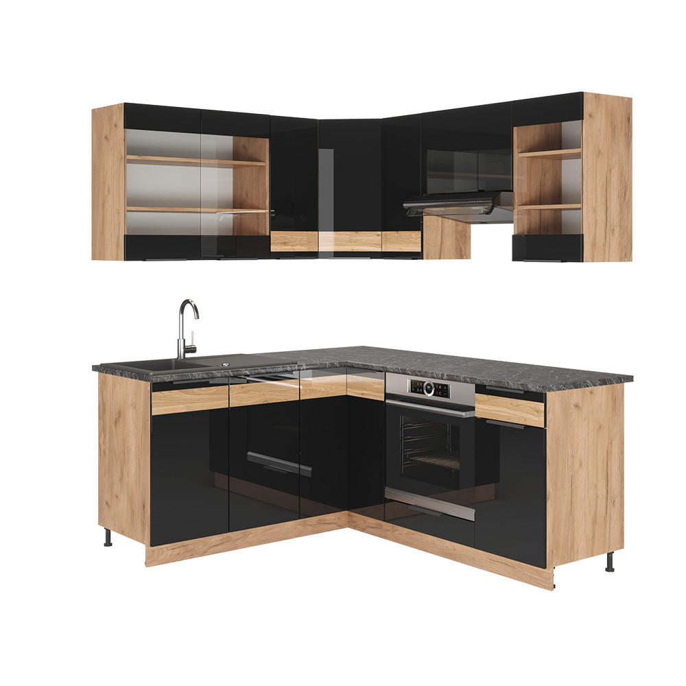 ECKKÜCHE Fame-Line Schwarz-Eiche Hochglanz/Goldkraft Eiche 190 cm - Schwarz Hochglanz/Eiche Wotan, Holzwerkstoff (190/82/60cm) - Vicco