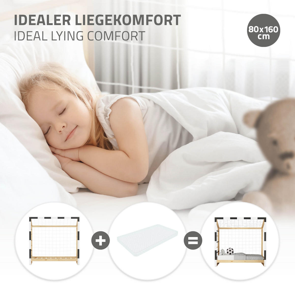 KINDERBETT Fußballtor 80x160 cm Schwarz-Weiß - Hellbraun, Holz (80/170cm) - ML-DESIGN
