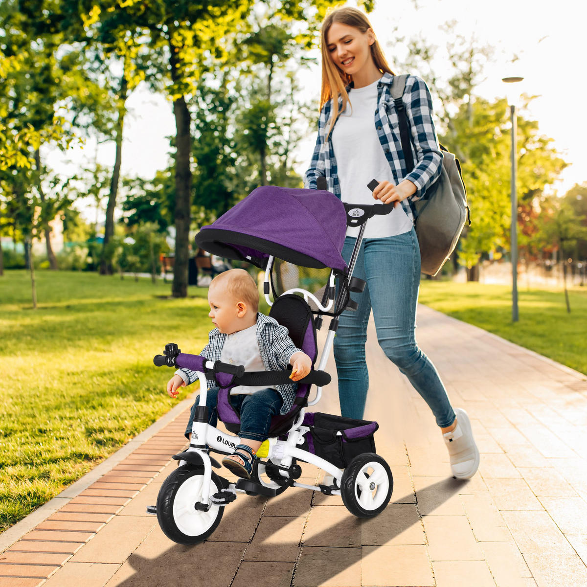 6-IN-1 Dreirad mit Schubstange, Kinderdreirad mit abnehmbarem Sonnendach Violett - Violett, Metall (95/50/106cm) - HOMCOM