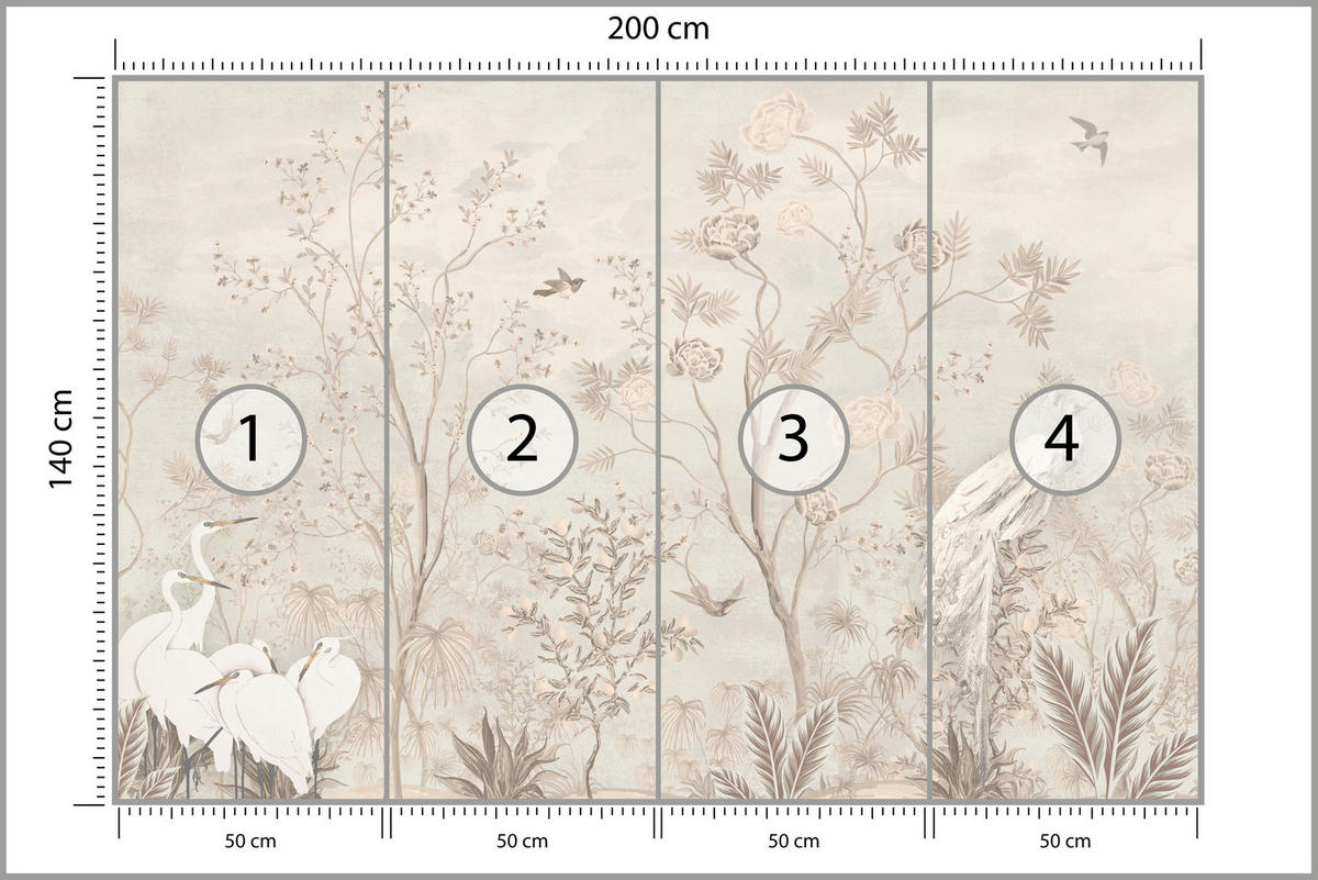 FOTOTAPETE für Esszimmer Weiße Vögel Bäumen Natur Kräne Blumen 200x140 - Beige, Papier (200/140cm) - Muralo