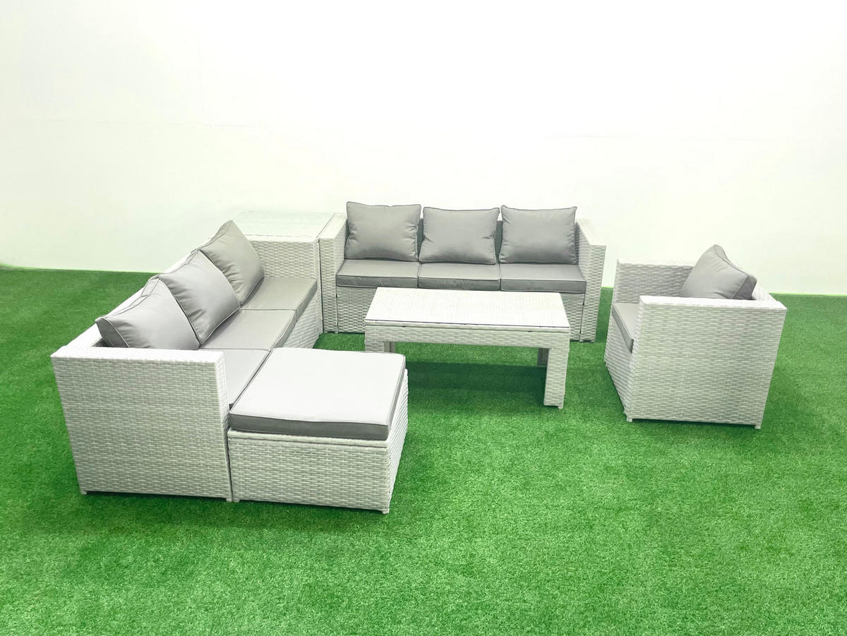 GARTENSOFA hohe Rückenlehne Polyrattan Hellgrau-Mix 8-Sitzer - Hellgrau/Grau, Glas/Kunststoff - Fimous