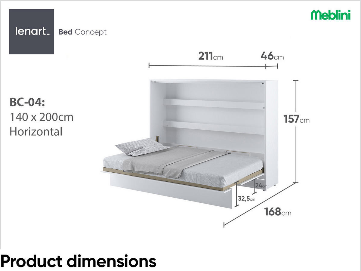 SCHRANKBETT BC-04 - 140x200cm Horizontal - Weiß Matt mit Matratze - Weiß, Holzwerkstoff (200/140cm) - Meblini