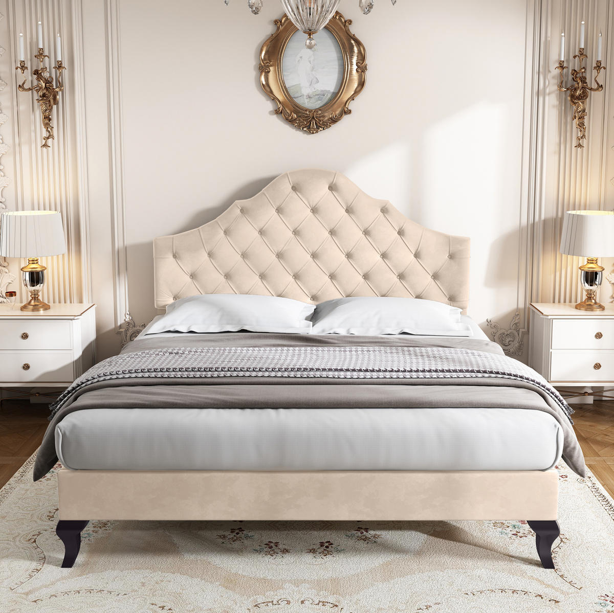 POLSTERBETT mit verstellbarem Kopfteil 140x190 cm Samt Off-White - Beige, Holzwerkstoff (140/190cm) - Beauniv