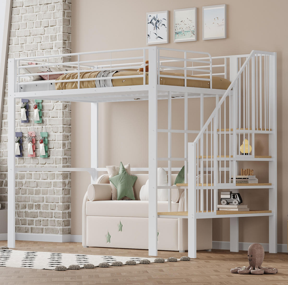 HOCHBETT 140/200 cm Weiß mit Stauraum und Treppe aus Metall und Holz - Weiß, Metall (140/200cm) - OKWISH