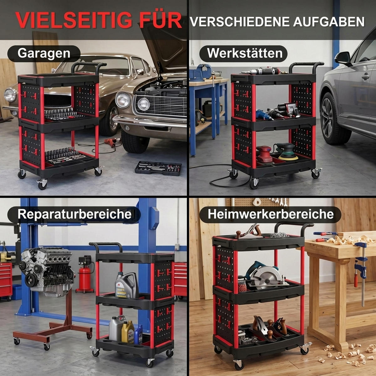 WERKZEUGWAGEN Aluminium Schwarz Rot - Schwarz, Metall (48/95.5/64cm) - HOMCOM