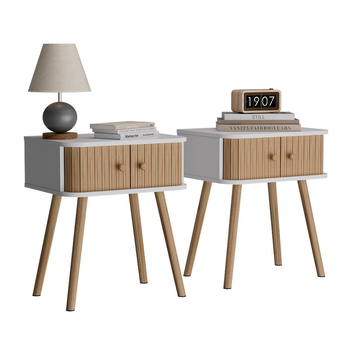NACHTTISCH Germo Weiß/Bambus 40 x 47 cm 2-er Set - Weiß/Grün, Holzwerkstoff (40/47/30cm) - Vicco