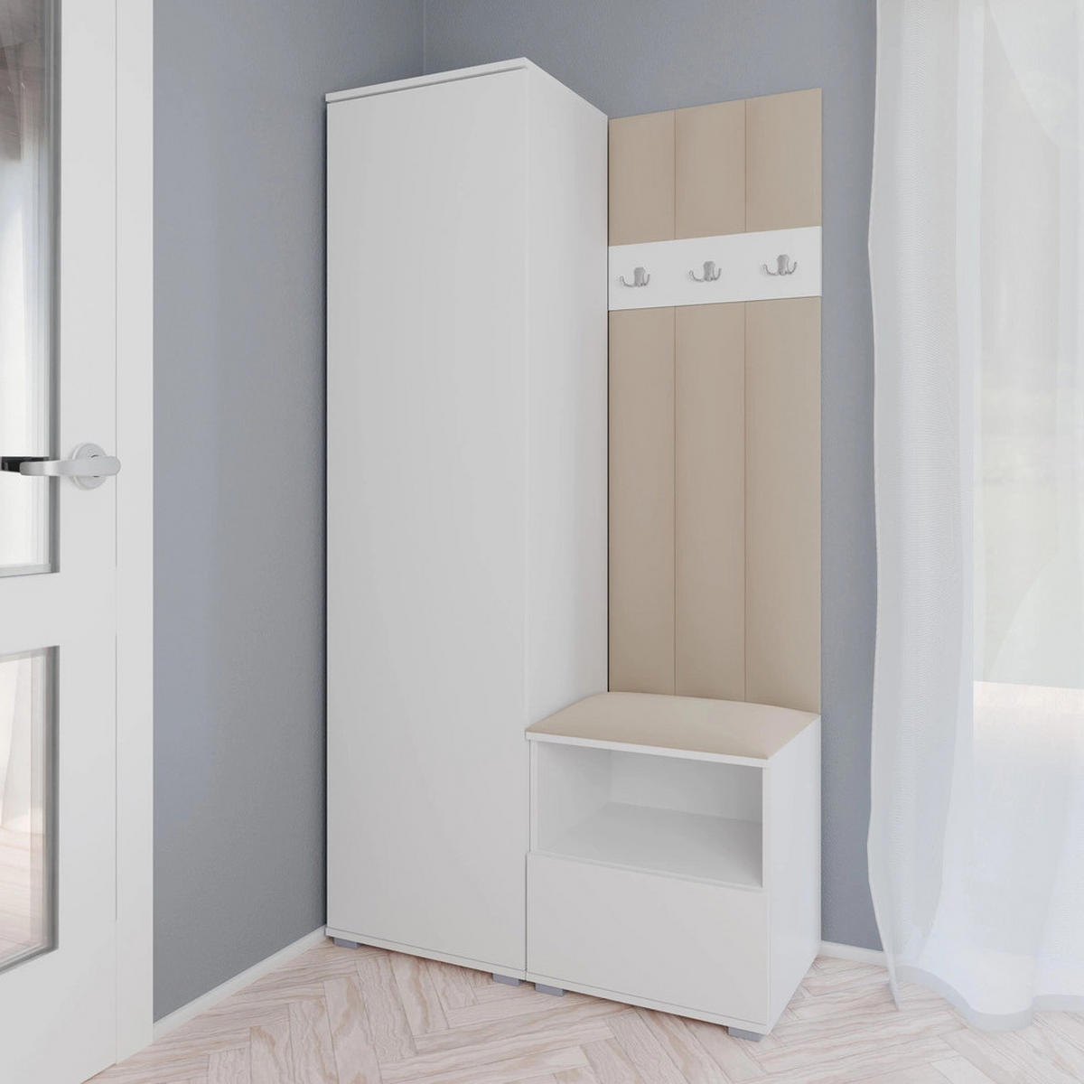 GEPOLSTERT Garderoben-Set Nela I LUX (Weiß + Stoff Trinity 04) - Beige/Silberfarben, Holz/Holzwerkstoff (100/187/40cm) - Ravio