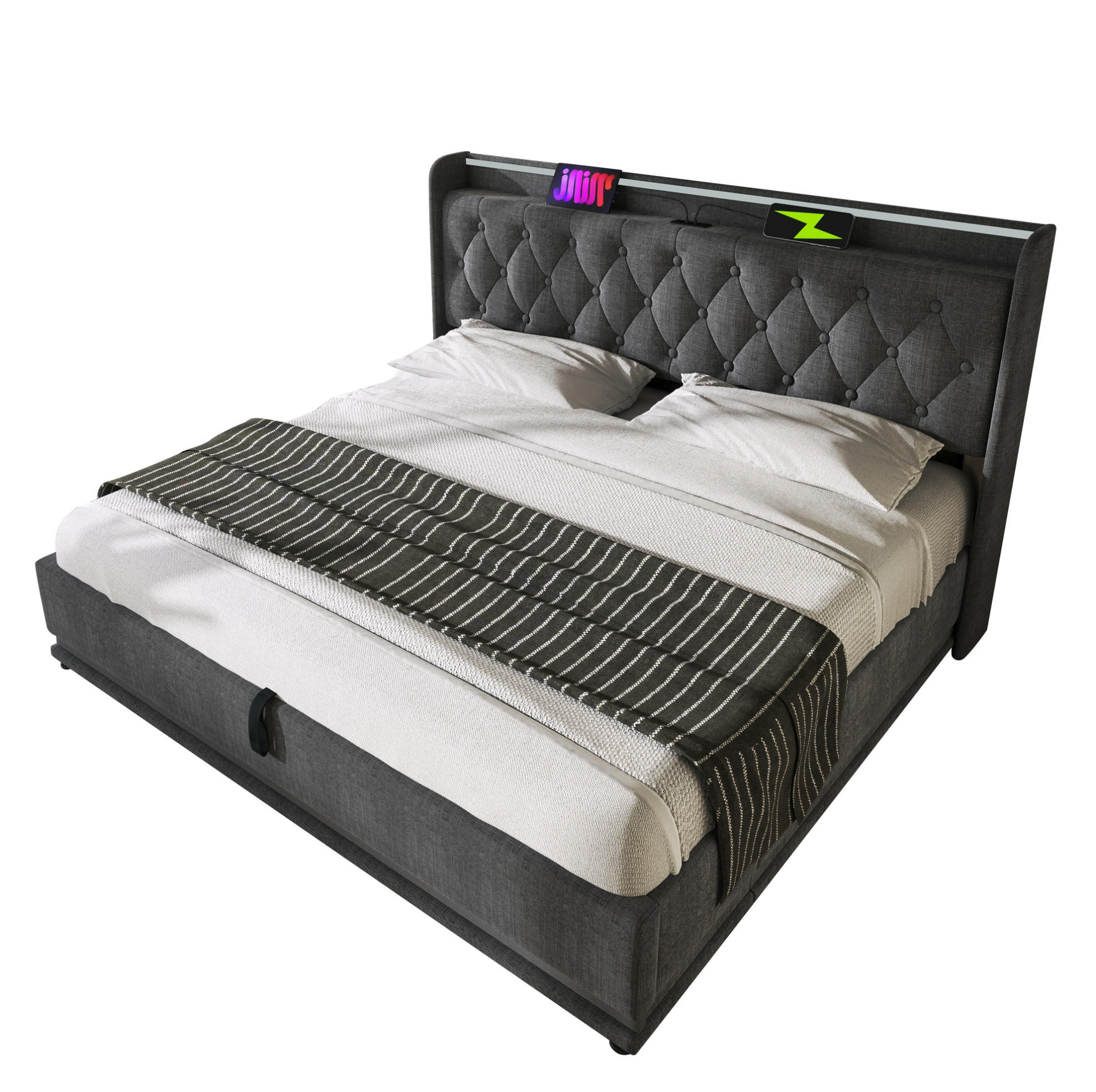 ČALÚNENÁ posteľ 180/200 cm z ľanu sivá s LED osvetlením, USB-C a úložným priestorom - sivá, textil (180/200cm) - BEAOK