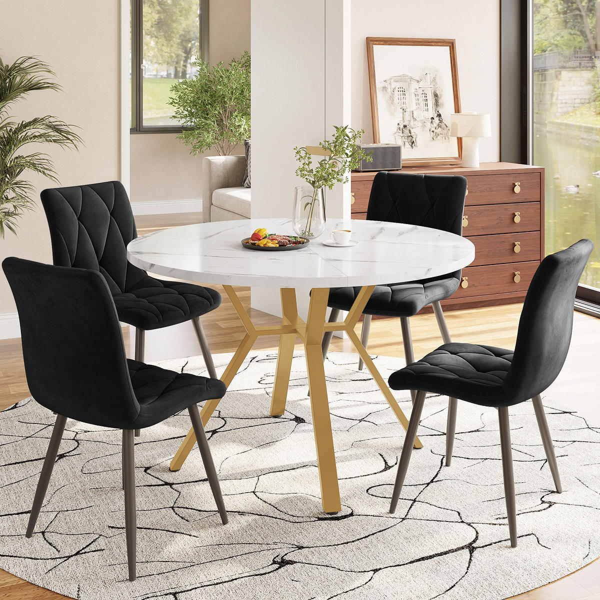 ESSTISCHSET 5-Teilig Rund Marmor, Goldene Beine, 4 Samtstühle Schwarz - Schwarz, Metall (100/75/100cm) - FLIEKS