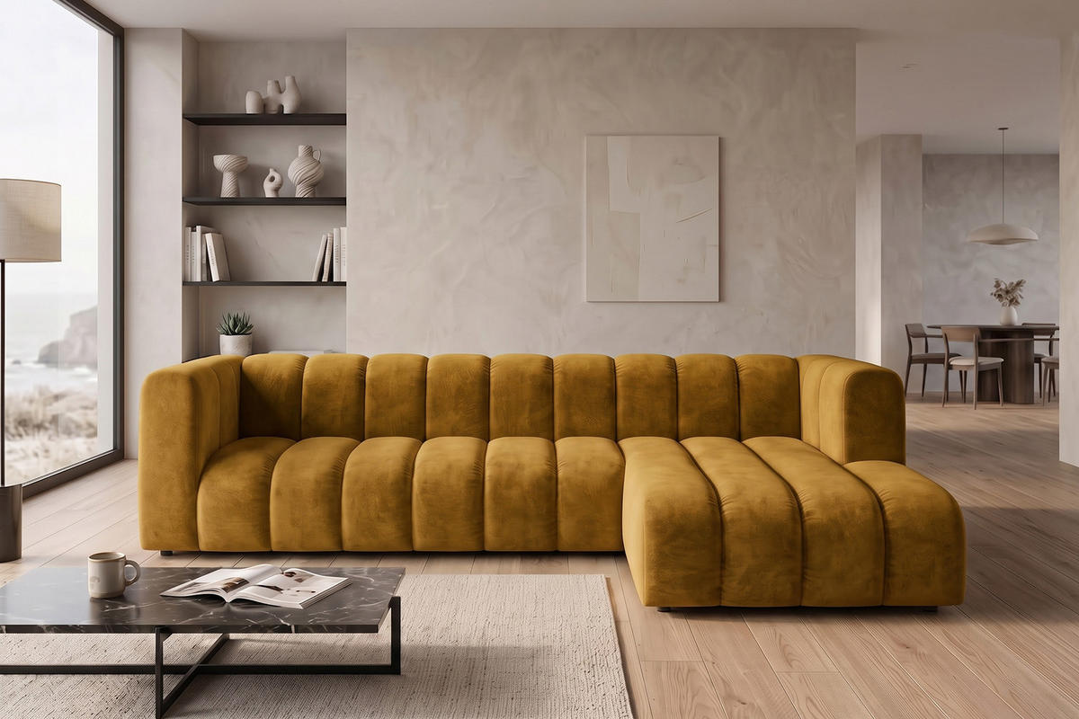 ECKSOFA Modulares In L-Form, Velvet-Stoff Riviera, Senffarbe, Rechts, GRAND 318 cm - Gelb, Holz (318/179cm) - Kaiser Möbel