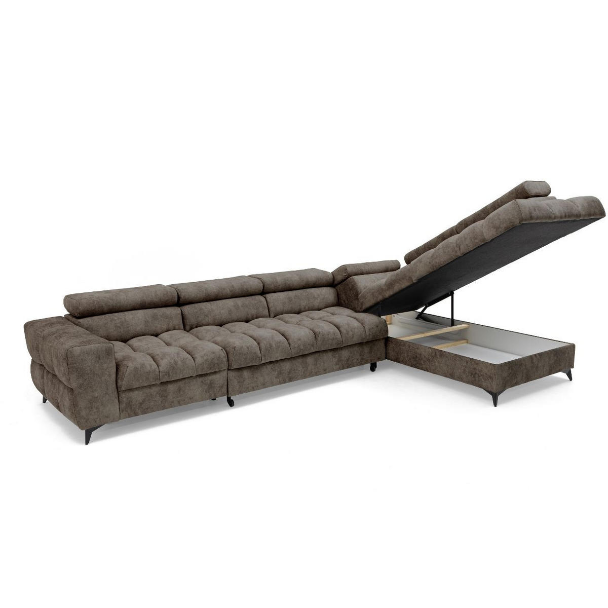 ECKSOFA PUDDING MAXI L Rechts mit Schlaffunktion 125x195 Velours Braun - Schwarz/Braun, Holz/Textil (203/350cm) - Muffo