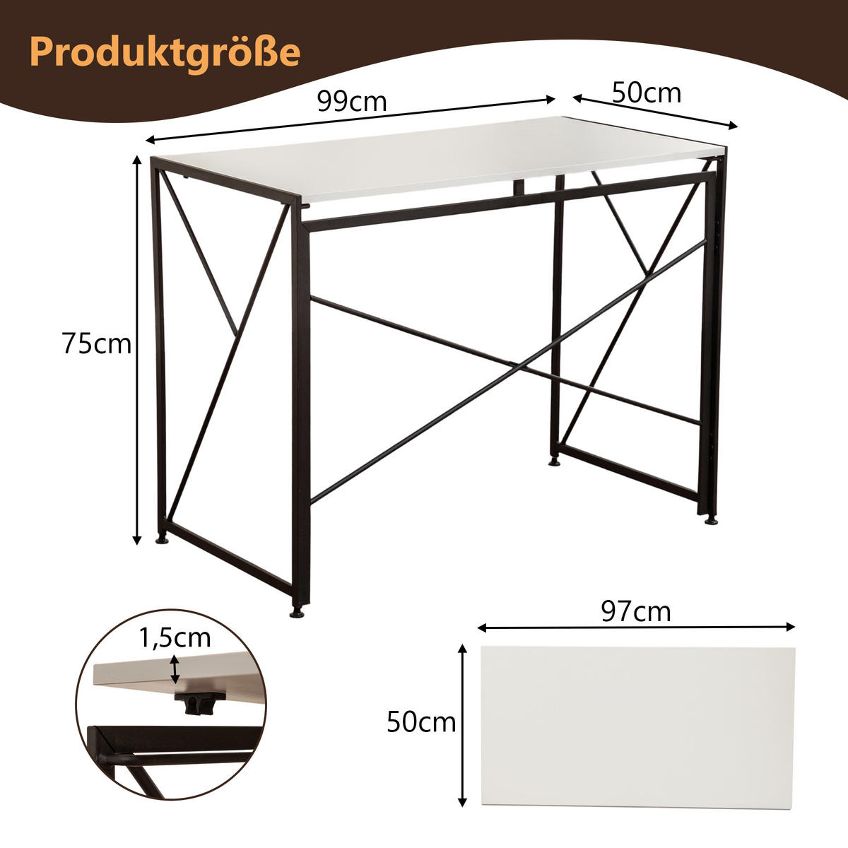 SCHREIBTISCH Klappbarer MDF wasserfest kompakt Faltfunktion schneller Aufbau Homeoffice modern - Weiß, Holzwerkstoff/Metall (99/50/75cm) - EVRYAE