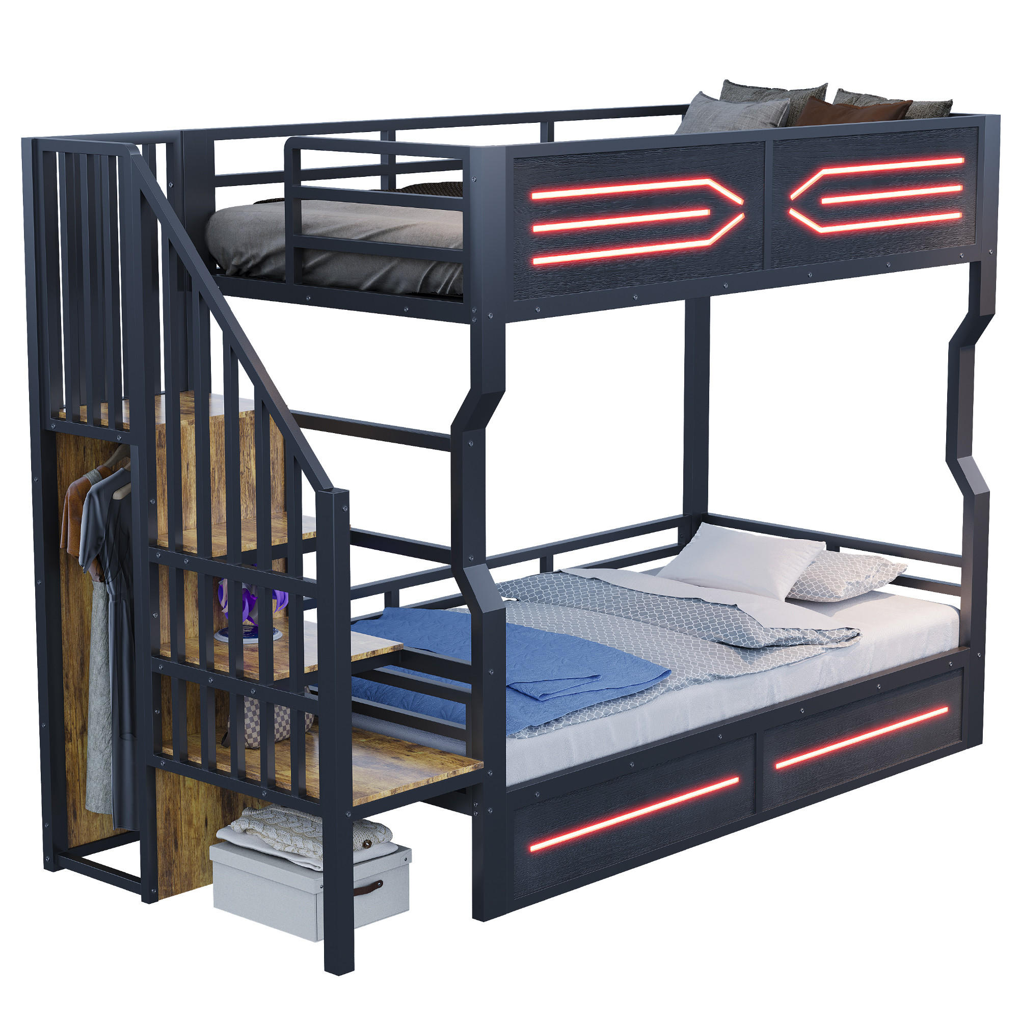 HOCHBETT 90/200 cm in Schwarz Jugendbett mit Treppe, Stauraum und LED Metall-Design - Schwarz, Holzwerkstoff/Metall (90/200cm) - STILVORA