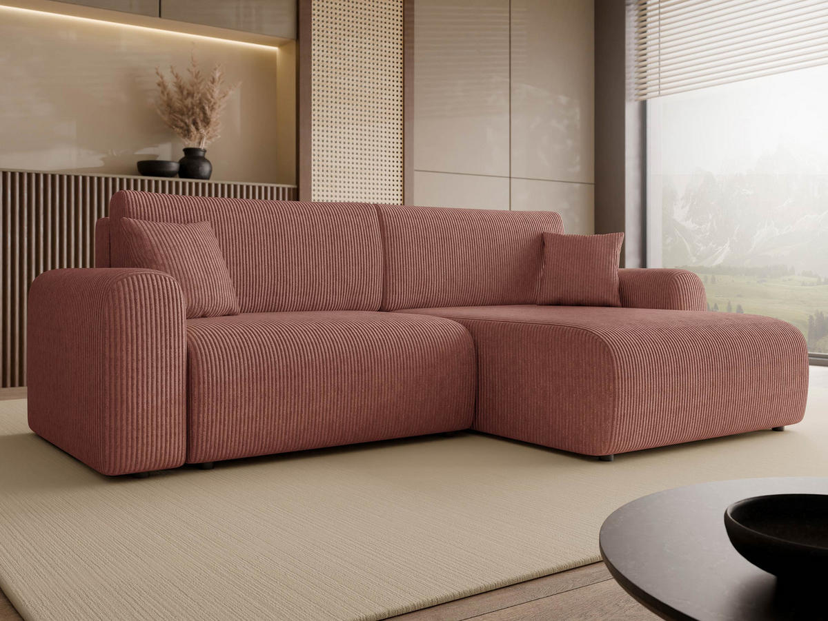 ECKSOFA Floryn L Cord - Schwarz/Rosa, Holz/Kunststoff (245/145cm) - MIRJAN24