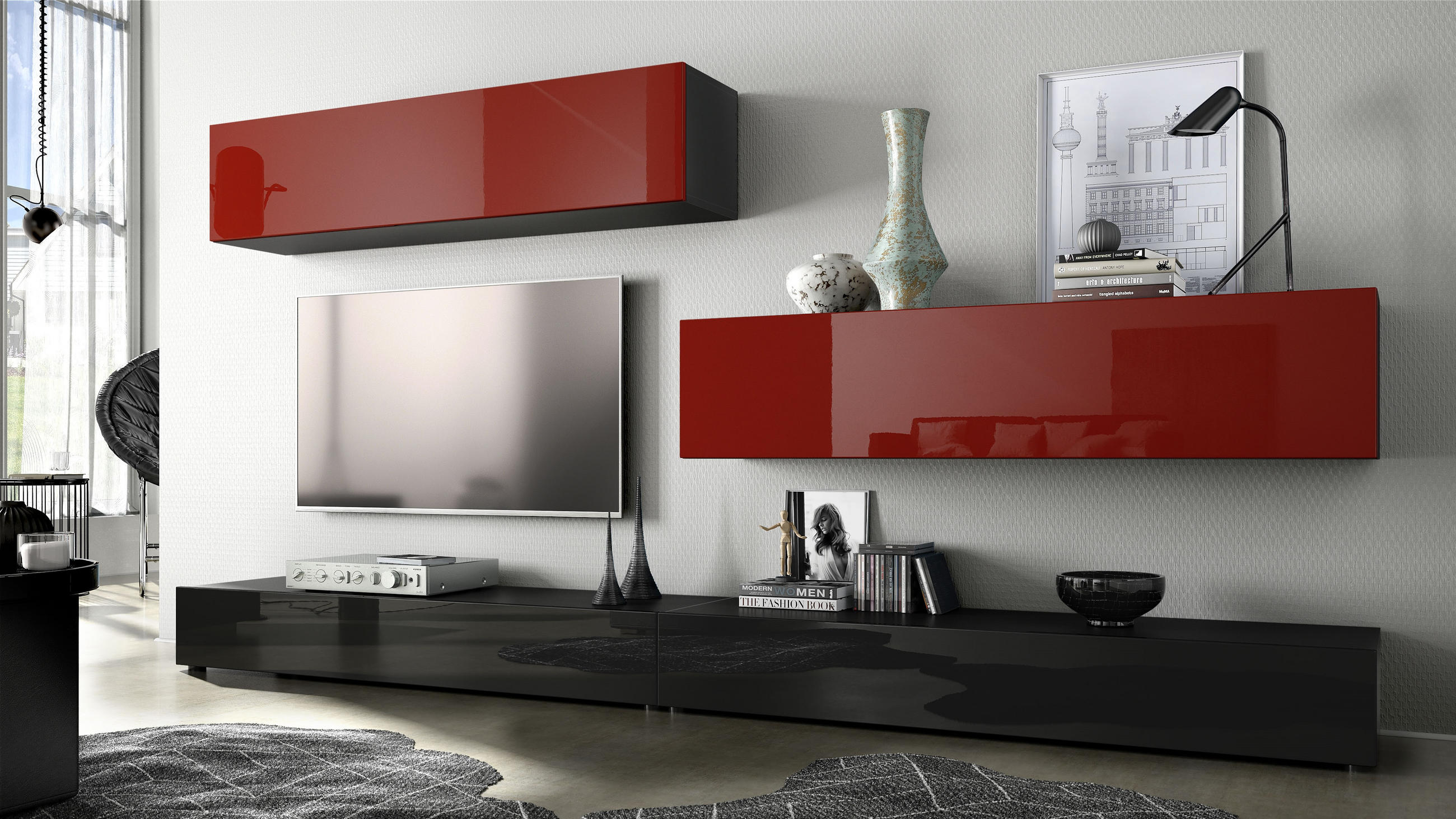 WOHNWAND Nublo Klappen in Bordeaux Hochglanz - Bordeaux, Holzwerkstoff (279/147/39cm) - Vladon