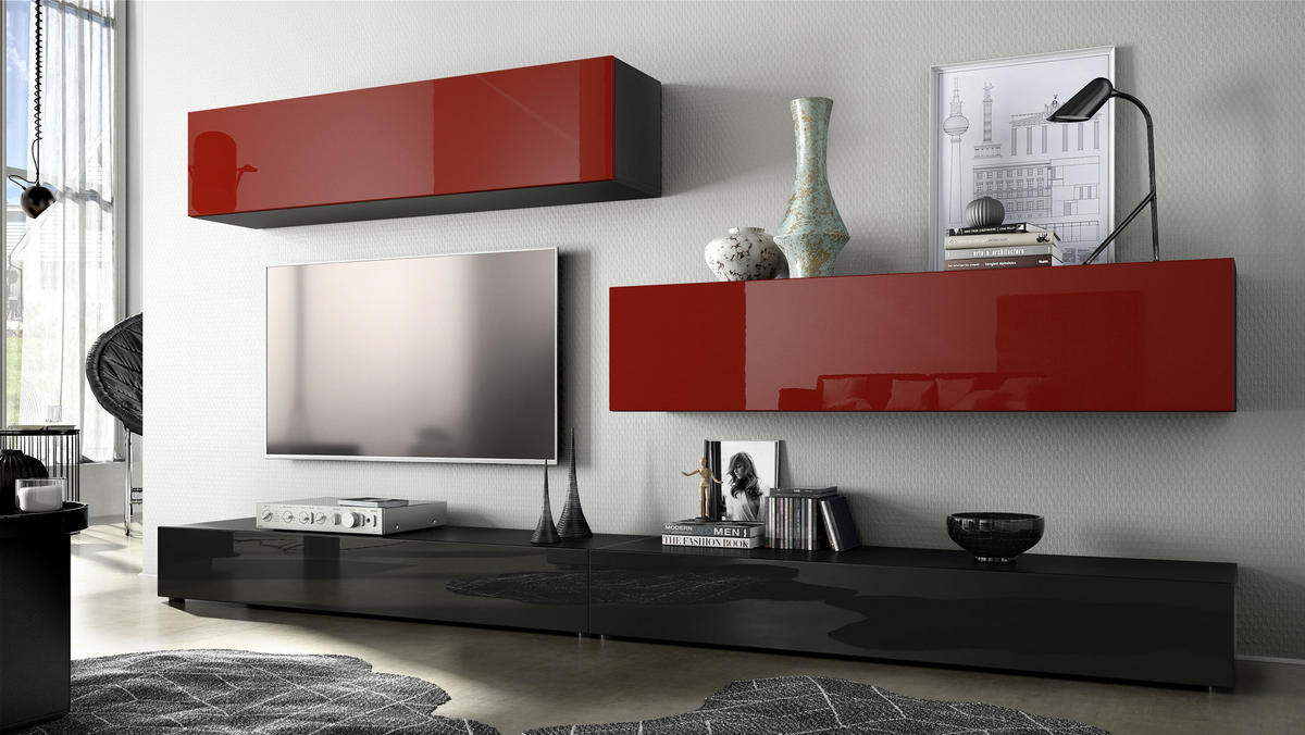 WOHNWAND Nublo Klappen in Bordeaux Hochglanz - Bordeaux, Holzwerkstoff (279/147/39cm) - Vladon