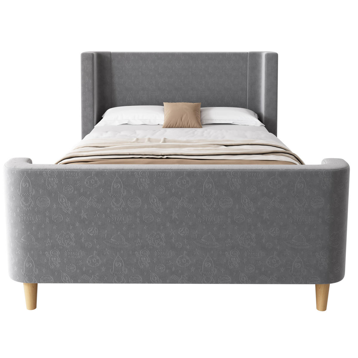 KINDERBETT 90/200 cm in Grau aus Samt mit Weltraummuster und Schlittenbett-Design - Grau, Textil (90/200cm) - Flora Grace
