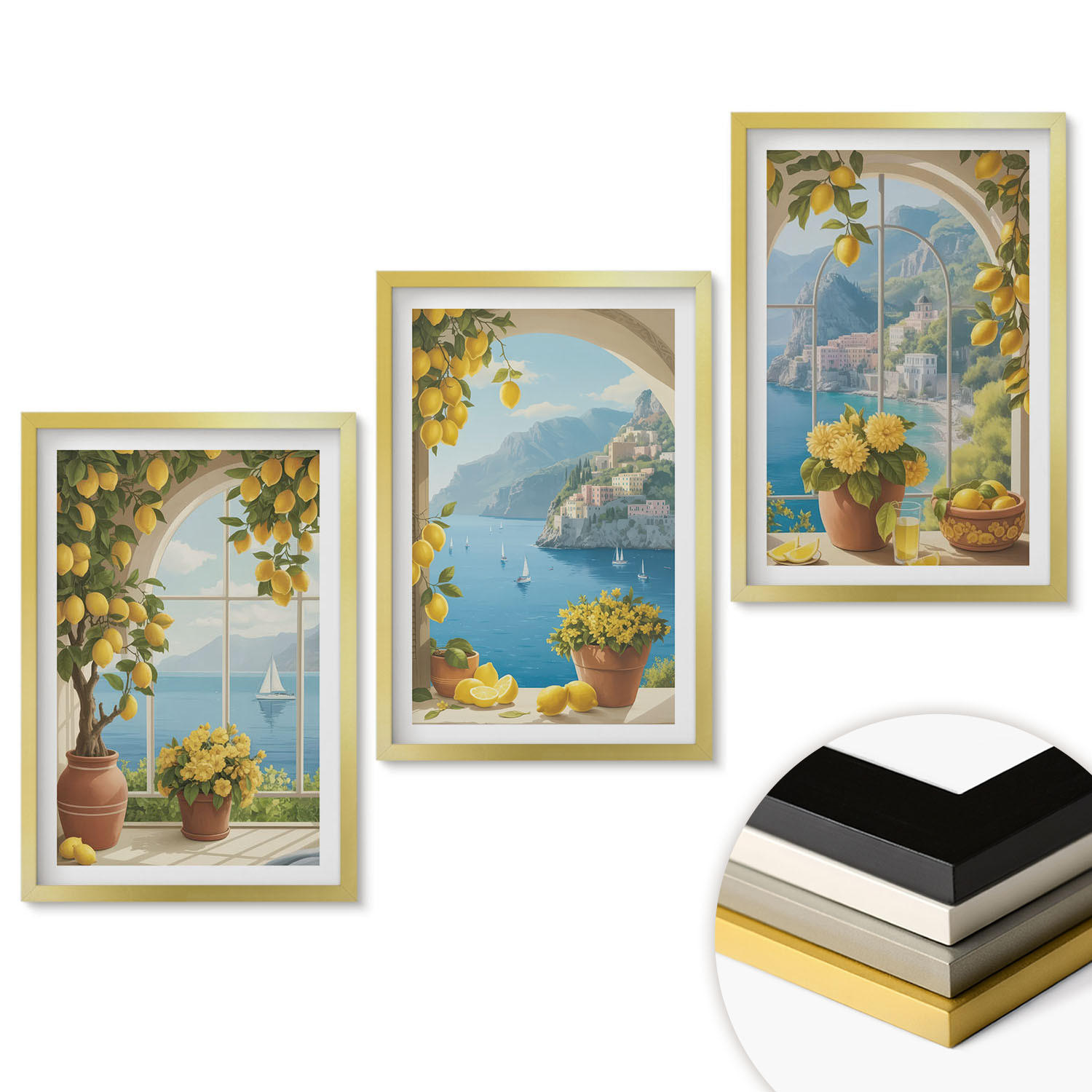 WANDBILDER 3er Set - 40x60 cm Goldrahmen - Meereslandschaften, Zitronen, Fenster - Goldfarben, Kunststoff (40/60cm) - ArtPrintCave