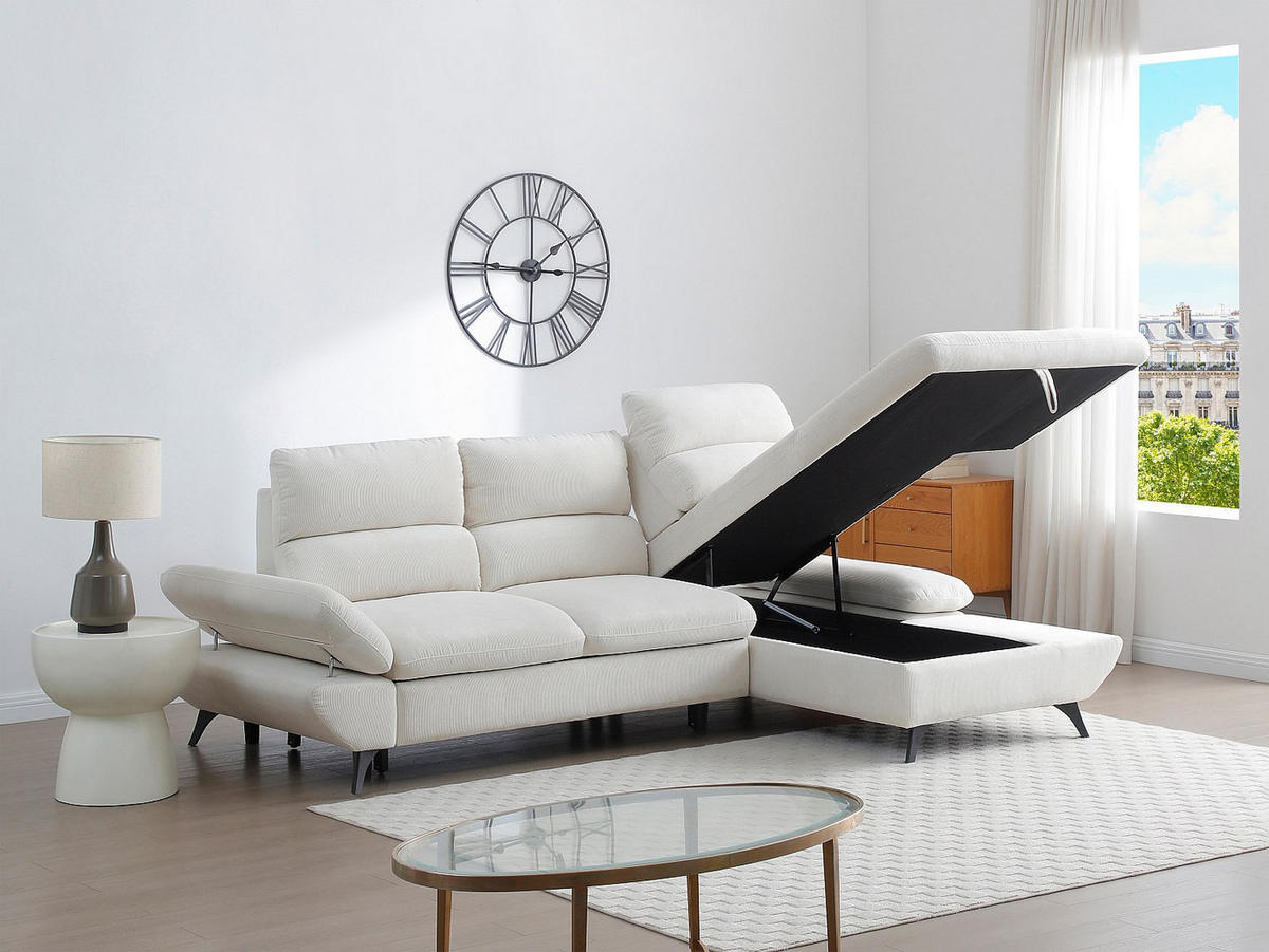 ECKSOFA Ecke rechts zum Ausklappen mit vor- und zurückklappbarer Rückenlehne aus Cordvelours Beige - LIORI - Beige, Textil (282/196cm) - Vente-Unique