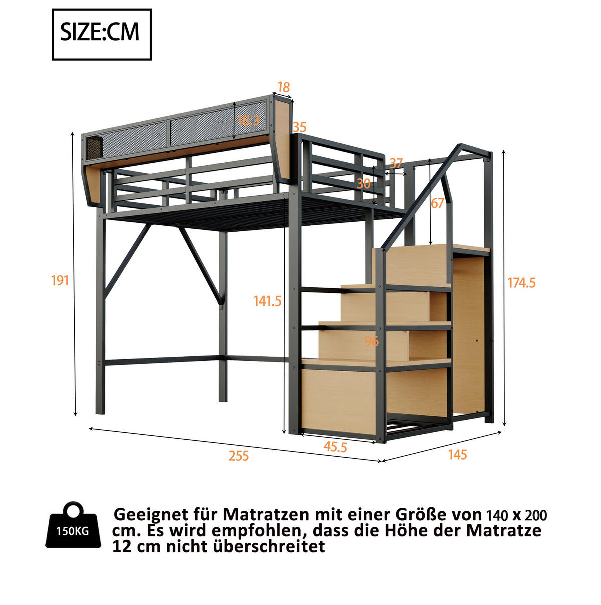HOCHBETT 140/200 cm aus Metall mit flexiblem Ablagefach Schwarz - Schwarz, Metall (140/200cm) - Modenvie