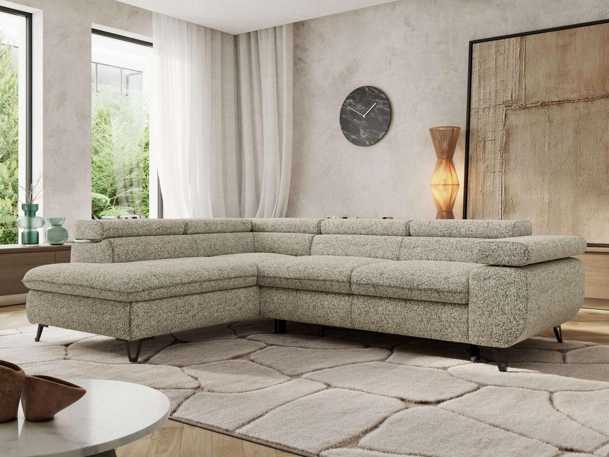 ECKSOFA PABLO L Beige Struktur - Links Seite mit Visco Topper - Beige/Schwarz, Textil/Metall (208/273cm) - MKS