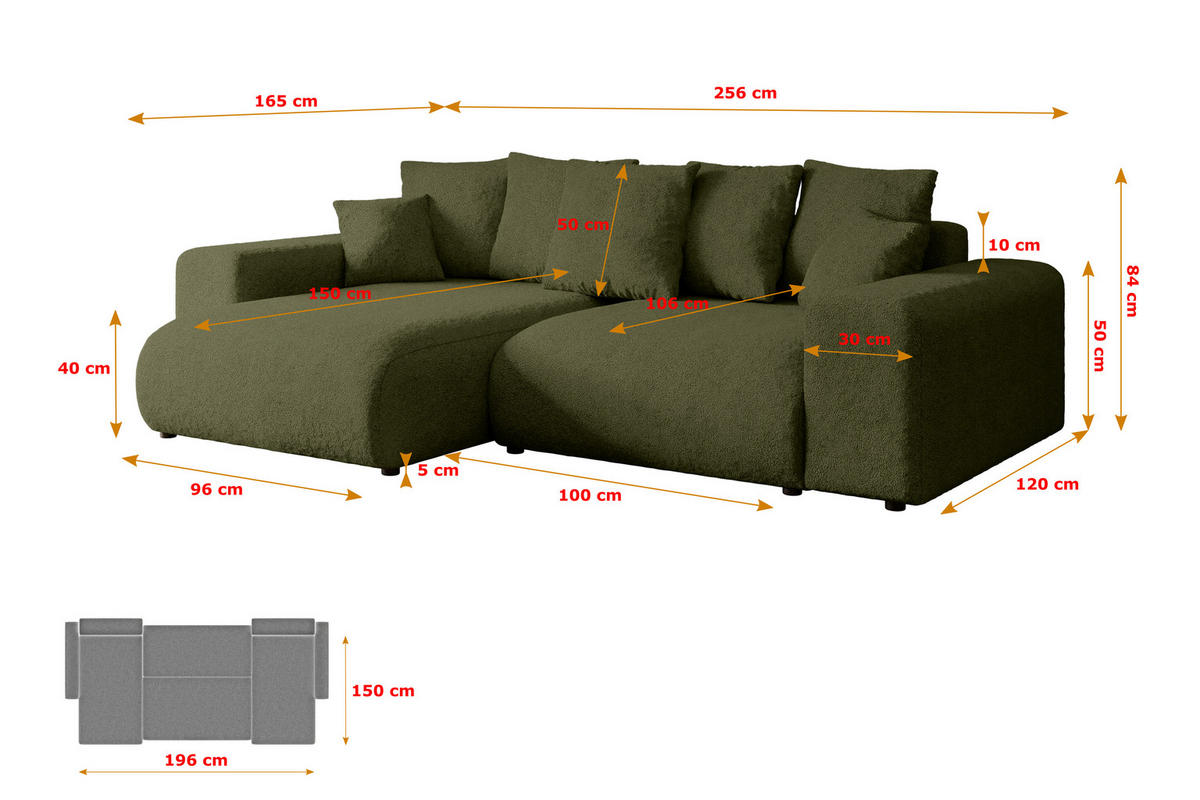 ECKSOFA mit Schlaffunktion und Bettkasten ESKAR-L 256x165x84cm Grün Bouclé - Schwarz/Grün, Holzwerkstoff/Kunststoff (165/256cm) - ALTDECOR