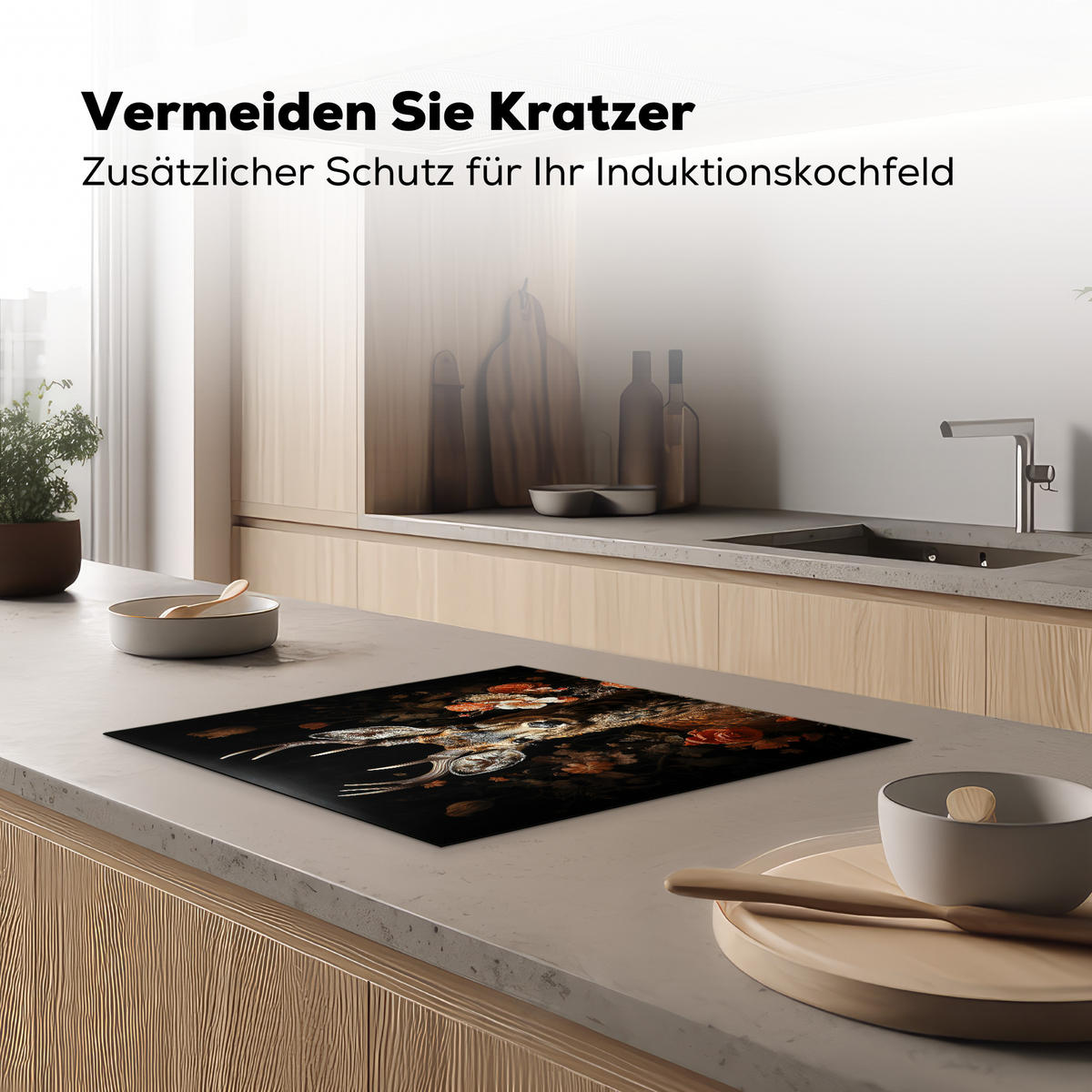 HERDABDECKPLATTE Hirsch - Tier - Blumen - Natur - Botanisch 58x51 cm - Kupferfarben, Kunststoff (58.3/0.2/51.3cm) - MuchoWow